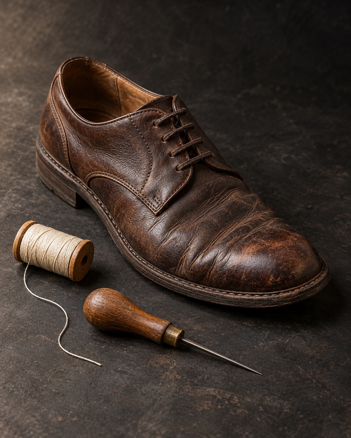 Illustrative still life of a brown leather shoe, thread and leatherworking tool
